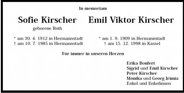 Kirscher Emil Viktor 1909-1998 Roth Sofie 1912-1985 Todesanzeige